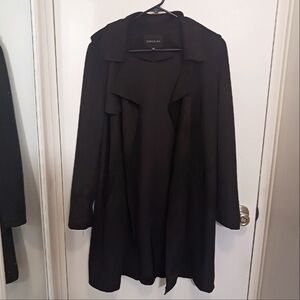 Ookie & LaLa Faux Suede Black Trench Coat Womens Sz M Office Quiet Luxury Soft!